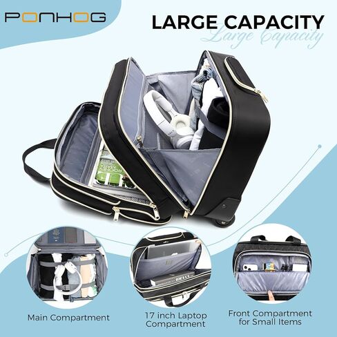 حقيبة كمبيوتر محمول متدحرجة - حقيبة متدحرجة للنساء مقاس 17.3 بوصة حقيبة كمبيوتر محمول مع عجلات للعمل ورحلة الطيران معتمدة للحمل على حقائب كمبيوتر دوارة للعمل والسفر والزوجة الجامعية والأم in Kuwait