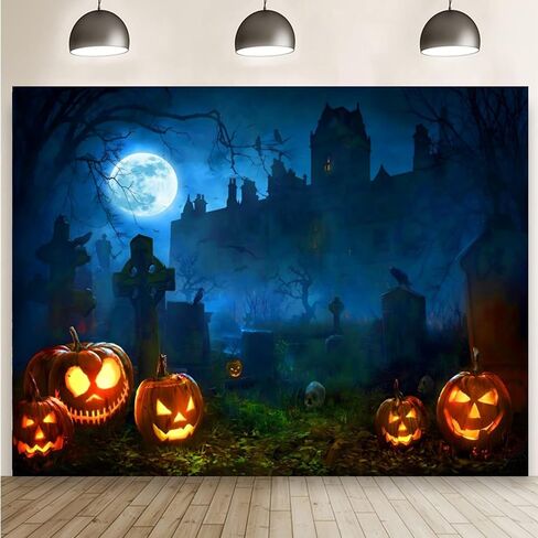 Halloween Backdrop 10x8ft Scary Cemetery Graveyard Castle Moon Night Halloween Banner Pumpkin Lantern Tombstone Skull Skeleton Background for Kids Adult Halloween Backdrops for Photography in Saudi Arabia