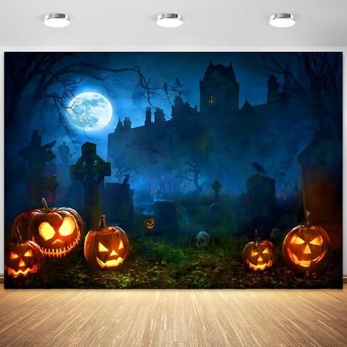 Halloween Backdrop 10x8ft Scary Cemetery Graveyard Castle Moon Night Halloween Banner Pumpkin Lantern Tombstone Skull Skeleton Background for Kids Adult Halloween Backdrops for Photography in Saudi Arabia