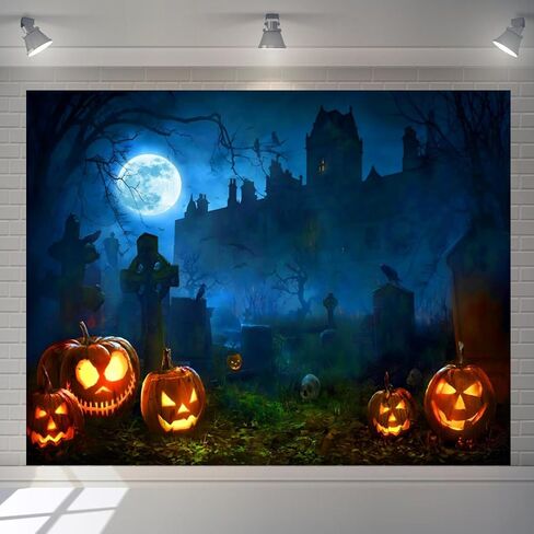 Halloween Backdrop 10x8ft Scary Cemetery Graveyard Castle Moon Night Halloween Banner Pumpkin Lantern Tombstone Skull Skeleton Background for Kids Adult Halloween Backdrops for Photography in Saudi Arabia
