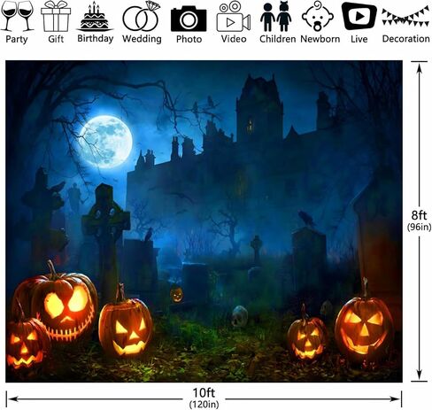 Halloween Backdrop 10x8ft Scary Cemetery Graveyard Castle Moon Night Halloween Banner Pumpkin Lantern Tombstone Skull Skeleton Background for Kids Adult Halloween Backdrops for Photography in Saudi Arabia