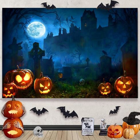 Halloween Backdrop 10x8ft Scary Cemetery Graveyard Castle Moon Night Halloween Banner Pumpkin Lantern Tombstone Skull Skeleton Background for Kids Adult Halloween Backdrops for Photography in Saudi Arabia