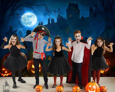 Halloween Backdrop 10x8ft Scary Cemetery Graveyard Castle Moon Night Halloween Banner Pumpkin Lantern Tombstone Skull Skeleton Background for Kids Adult Halloween Backdrops for Photography in Saudi Arabia