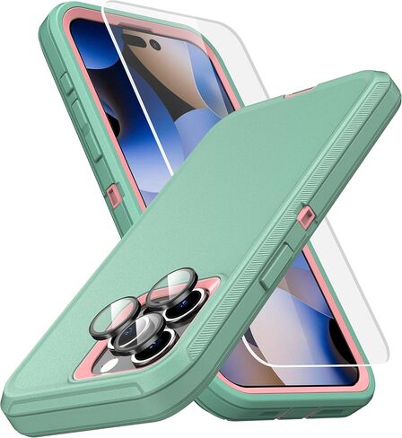 MXX Heavy Duty Made for iPhone 15 Case with Tempered Glass Screen, Camera Lens Protector 3-Layer Full Body Protection - Shockproof Dustproof Cover for Apple 15 Phone Case 6.1" (Gray/Light Pink) in Kuwait