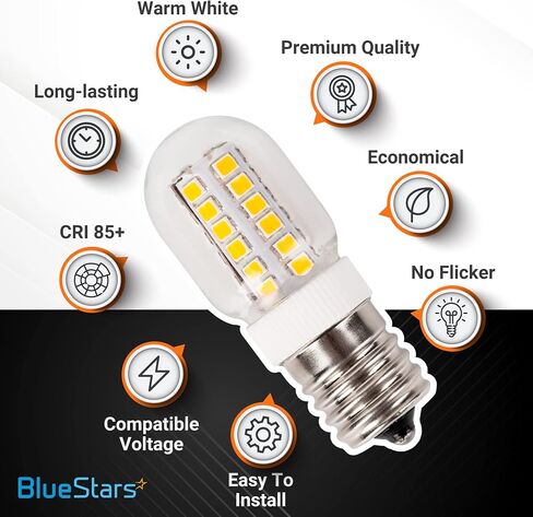 لمبة الميكروويف BlueStars 3W E17 Base 8206232A لمبة إضاءة LED قابلة للتعتيم، 3000K أبيض دافئ، تساوي 40W ساطعة، 75V-130V، 240 لومن للثلاجة والميكروويف وغطاء المطبخ - حزمة من 3 in Saudi Arabia