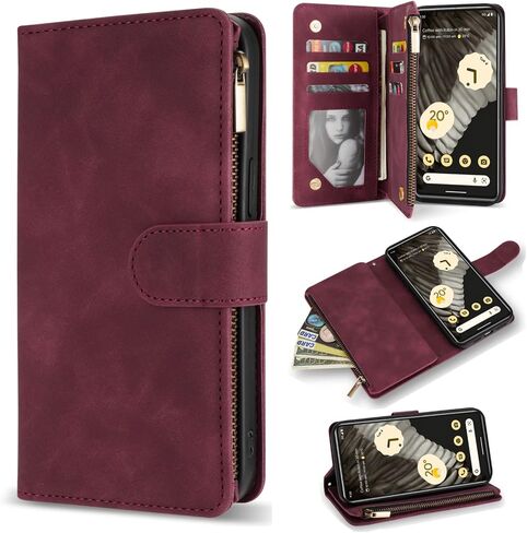 ZZXX for Google Pixel 7 Pro Case Wallet with RFID Blocking Card Slot Premium PU Leather Zipper Flip Folio Wallet with Wrist Strap Kickstand Protective for Google 7 Pro Wallet Case(Wine Red 6.7 Inch) in Saudi Arabia
