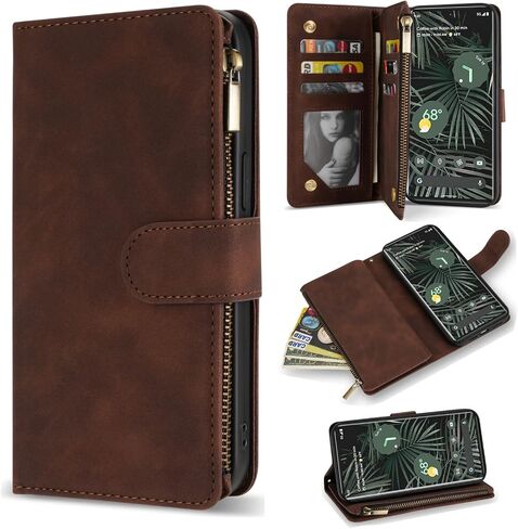 ZZXX for Google Pixel 7 Pro Case Wallet with RFID Blocking Card Slot Premium PU Leather Zipper Flip Folio Wallet with Wrist Strap Kickstand Protective for Google 7 Pro Wallet Case(Wine Red 6.7 Inch) in Saudi Arabia