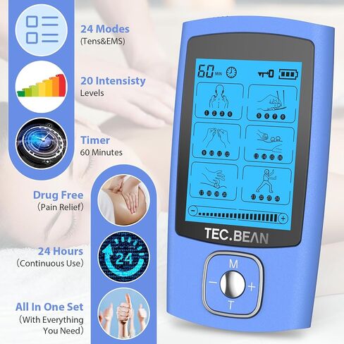 TEC.BEAN 24 Modes TENS Unit Muscle Stimulator, Rechargeable TENS Machine with 8 Electrode Pads (American Gel), Electric Pulse Massager for Pain Relief Therapy in Saudi Arabia