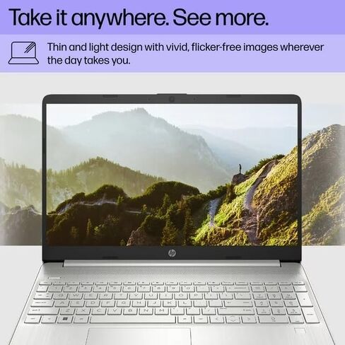 كمبيوتر محمول HP 15 رفيع باللون الفضي Intel i3-1215U سداسي النواة (Beat i5-1135G7) وذاكرة الوصول العشوائي (RAM) سعة 8 جيجابايت وسعة 256 جيجابايت SSD وكاميرا ويب بدقة 15.6 بوصة وواي فاي ورسومات 4K W11 (15-DY5 - متجدد) in Saudi Arabia