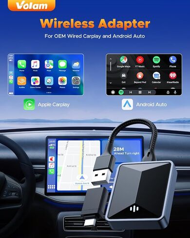 Volam 2024 New Wireless Adapter for Wired CarPlay Android Auto Wireless Adapter, Converts Wired to Wireless for Factory Wired CarPlay Cars from 2016, Type-C/USB, 5G WiFi, Bluetooth in Saudi Arabia