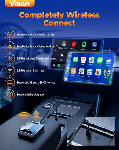 Volam 2024 New Wireless Adapter for Wired CarPlay Android Auto Wireless Adapter, Converts Wired to Wireless for Factory Wired CarPlay Cars from 2016, Type-C/USB, 5G WiFi, Bluetooth in Saudi Arabia