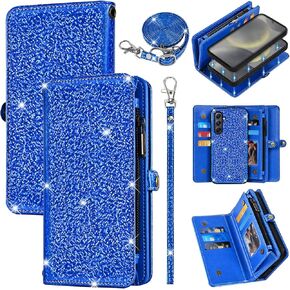 Wallet Cover for Samsung Galaxy S23 FE 5G with Detachable Magnetic Cell Phone Case Flip Zipper Purse, Wrist Strap Shoulder Strap Glitter PU Leather Card Holder Stand for S 23 EF S23FE 23S Blue