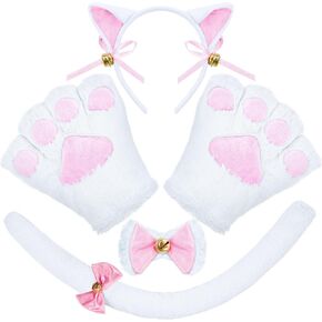 Spooktacular Creations 5 Pcs Kitty Cat Costume Accessories with Cat Ears Headband, Paws Gloves, Bow Tie, Tail Accessories