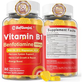 Vitamin B1 Gummies Benfotiamine 500mg - Energy Metabolism & Healthy Nervous System - Vitamin B1 B6 B12 Complex, Bioavailable B1 Vitamins Supplement, Converted to Active Thiamine, 2 Pack