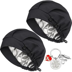2Pcs Satin Lined Bouffant Scrub Cap with 4 Buttons and Sweatband Adjustable