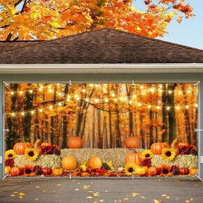 Fall Thanksgiving Garage Door Cover Decorations Backdrop Large 7x16ft Autumn Maples Forest Garage Door Banner Pumpkin Sunflower Haystack Fall Garage Door Wall Hanging Banner Outdoor Fall Party Decor