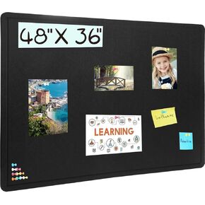 Large Bulletin Board, 48 X 36 inches Cork Board with 30 Pushpin, 4' x 3' Felt Cork Board Notice Pin Board, Self-Adhesive Vision Board Mood Board Foldable Photo Board for Wall - Black