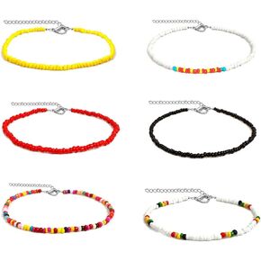 6 Pcs Boho Layered Colorful Beaded Choker Necklace Set for Women Teen Girls, Handmade Adjustable Chains Beads Choker Bohemian Beach Jewelry (A)