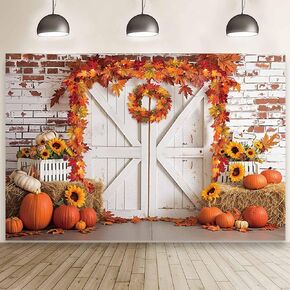 MEHOFOND 7x5ft Fall Thanksgiving Photography Backdrop Autumn Rustic Barn Wooden Door Brick Wall Background Pumpkin Maple Wreath Haystack Sunflower Harvest Party Decorations for Portrait Photo Props