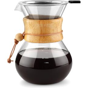 COPOTEA Pour Over Coffee Maker with Double Layer Stainless Steel Filter, 28oz / 800ml Coffee Dripper Brewer, High Heat Resistant Carafe, Wooden Collar Coffee Carafe
