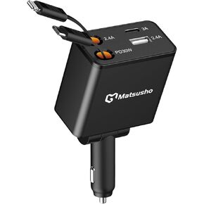 Retractable Car Charger, 120W 4 in 1 Super Fast Car Phone Charger 120W, Retractable Cable 2.6FT and 2 USB Ports Car Charger Adapter Compatible with iPhone 16 15 14 13 12 11 Pro Max, Galaxy S24 S23