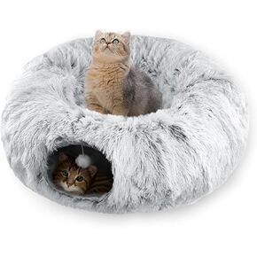 Cat Tunnel Bed for Indoor Cats with Washable Cushion Cat Cave Donut Tunnel with Fluffy Ball Big Round Tube Pet Playground Toys Soft Plush Peekaboo for Kitten, Cat, Puppy, Rabbit, Ferret