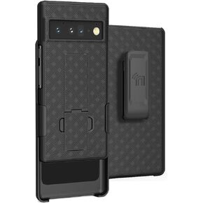 Case with Clip for Google Pixel 6 Pro, Nakedcellphone Slim Hard Shell Phone Cover with Kickstand and [Rotating/Ratchet] Belt Hip Holster Combination - Black Tread