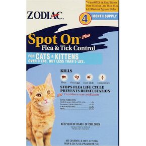 Zodiac Spot On Plus Flea & Tick Control for Cats 5 lbs and Over 4 Pack