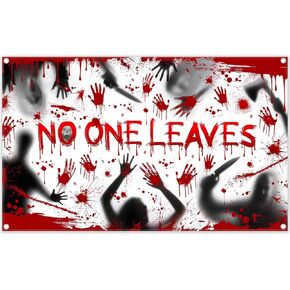 ZTHMOE 72x43inch Polyester Halloween No One Leaves Backdrop Creepy Bloody Handprints Photography Background Banner Vampire Party Decorations Photo Props with Four Holes Easy to Hang
