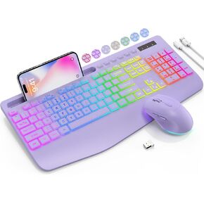 مجموعة لوحة مفاتيح وماوس لاسلكية، 9 تأثيرات بإضاءة خلفية، مسند للمعصم، حامل هاتف، لوحات مفاتيح مريحة خالية من التأخر 2.4 جيجا، مجموعة لاسلكية صامتة قابلة لإعادة الشحن للكمبيوتر والكمبيوتر المحمول وماك وويندوز -SABLUTE (بنفسجي) in Kuwait