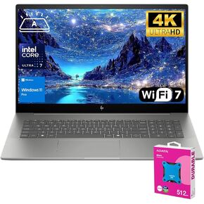 HP Newest Envy 17.3" 4K Ultra 7 Business Laptop, 17.3" 4K UHD 3840*2160 Display, Intel Core Ultra 7 155H, 64GB DDR5 RAM, 4TB SSD, HDMI, Webcam, Backlit KB, Wi-Fi 7, W11P, Adata 512 External SSD Bundle