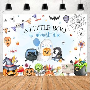 Blue A Little Boo Baby Shower Backdrop Boy Halloween Pumpkin Baby Shower Background Ghost Halloween Baby Shower Banners Party Decorations (7x5ft)