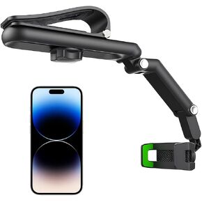 Car Phone Holder, 1080° Rotatable and Retractable Mobile Phone Holder, Multi-Functional Sun Visor Rearview Mirror Car Phone Holder Fit for Most Cell Phones, Car Accessories (Black Green)