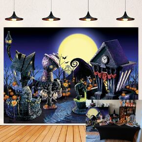 Halloween Backdrop Halloween Night Moon Bat Pumpkin Scary Graveyard Lantern Photography Background for Children Halloween Party Decoration Banner Photo Supplies (7x5ft)