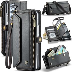 Dteck Case for Samsung Galaxy Z Fold 6 (2024) - PU Leather Portable Case with Crossbody Shoulder Strap & Wrist Strap Lanyard & Stylus Pen Holder & Wallet/Stand Function, Protective Flip Case, Green