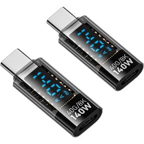 USB C Adapter, 140W Type C Female to USB C Male Extension Adapter USB-C Power Meter Tester with Digital LED Display for iPhone 15/Plus/Pro/Pro max Samsung Galaxy LG Laptop and All USB C Cable(1Pack)