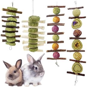 Hamiledyi 4PCS Bunny Chew Toys Rabbit Hanging Toys for Teeth Grinding Natural Apple Wood Sweet Bamboo Sticks Timothy Grass&Carrot Cake for Chewing/Improving Rodent Animals Dental Health