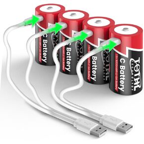 4 Pack Rechargeable Lithium C Batteries with 2 in 1 USB-C Charge Cable, C Cell Li-ion Battries,LR14 1.5V C Size Cell Battery Replacement 5000mWh for Floodlight Toys