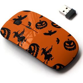 2.4G Wireless Mouse with Cute Pattern Design for All Laptops and Desktops with Nano Receiver - Orange Black Halloween