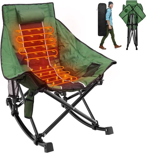 Suteck Heated Rocking Camping Chair, XL Oversized Rocking Chair Outdoor with 3 Heat Levels for Back and Seat, Heated Chairs Outdoor Sports for Patio Lawn Picnic Travel, Power Bank（Not Included） in Saudi Arabia