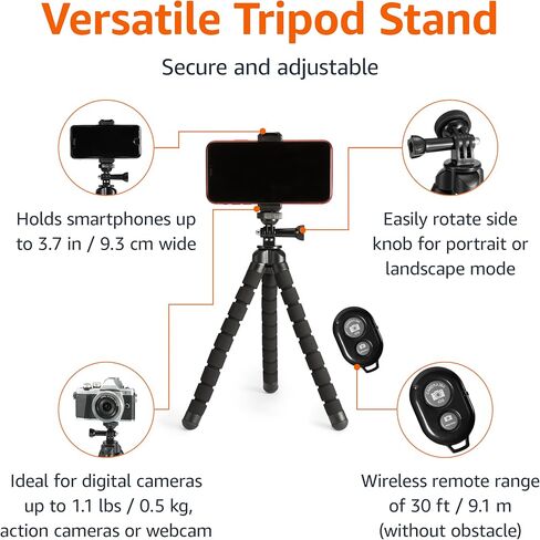 Amazon Basics 64-inch Extendable Tripod for iPhones and Smartphones, Selfie Stick Mode and Phone Tripod Mode, Black in Saudi Arabia