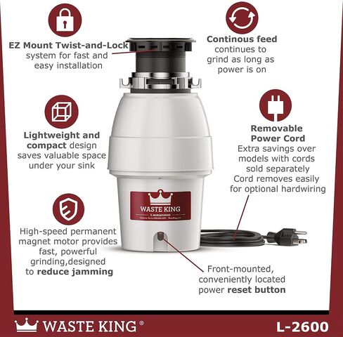 Waste King L-2600TC Activation 1/2 HP Garbage Disposal with Safer Controlled Griding Power Cord Included, 15.56, Silver/red in Saudi Arabia
