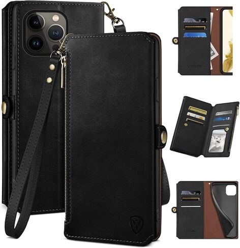 XcaseBar for iPhone 13 Pro Max 6.7" Wallet case with Credit Card Holder,【RFID Blocking】 Zipper Flip Folio Book PU Leather Phone case Shockproof Cover Women Men for Apple 13ProMax case Black in Saudi Arabia
