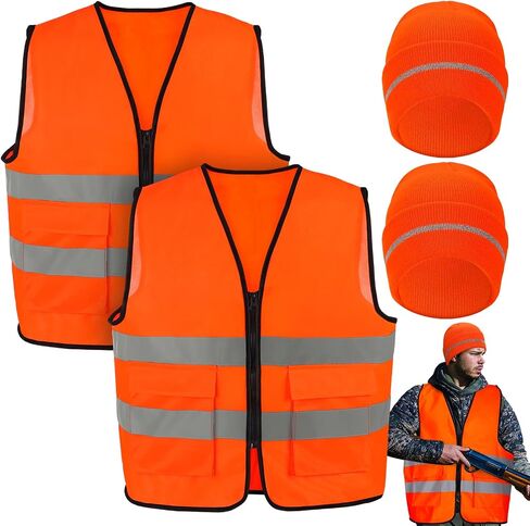 Apipi 2 Set Blaze Orange Hunting Vest and Beanie - High Visibility Safety Vest for Men, with Reflective Strips for Outdoor in Kuwait