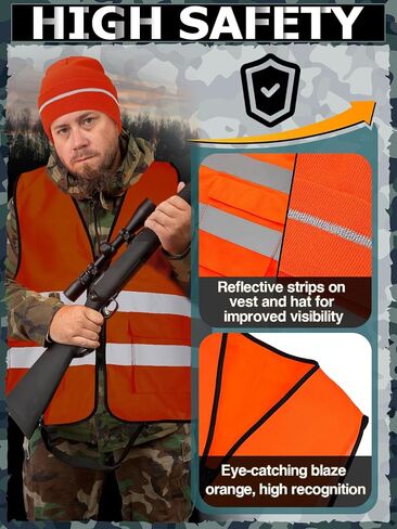 Apipi 2 Set Blaze Orange Hunting Vest and Beanie - High Visibility Safety Vest for Men, with Reflective Strips for Outdoor in Kuwait