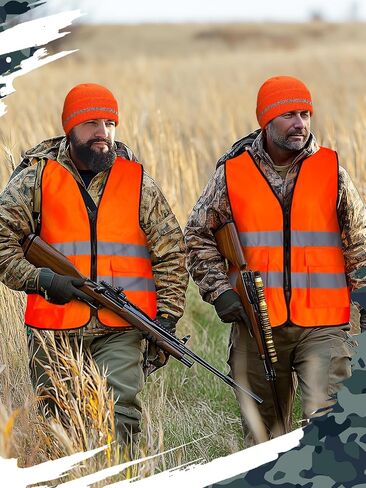 Apipi 2 Set Blaze Orange Hunting Vest and Beanie - High Visibility Safety Vest for Men, with Reflective Strips for Outdoor in Kuwait
