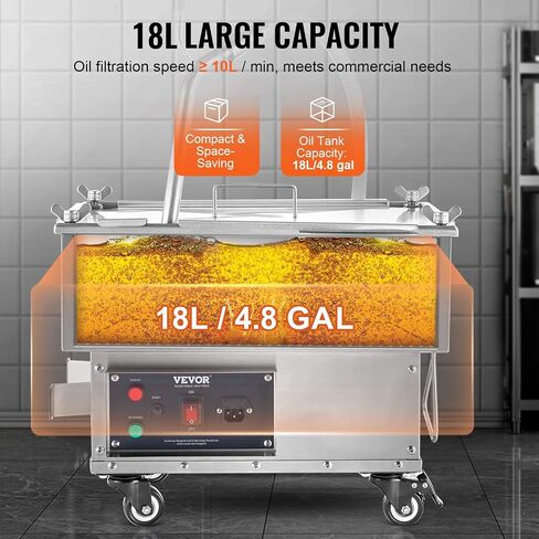 VEVOR Mobile Fryer Filter, 80 LBS/40 L/10.56 Gal Capacity, 300W Oil Filtration System with 5 L/min Flow Rate, Mobile Frying Oil Filtering System with 10 L/min Pump & Oil Hose, 110V/60Hz in Saudi Arabia