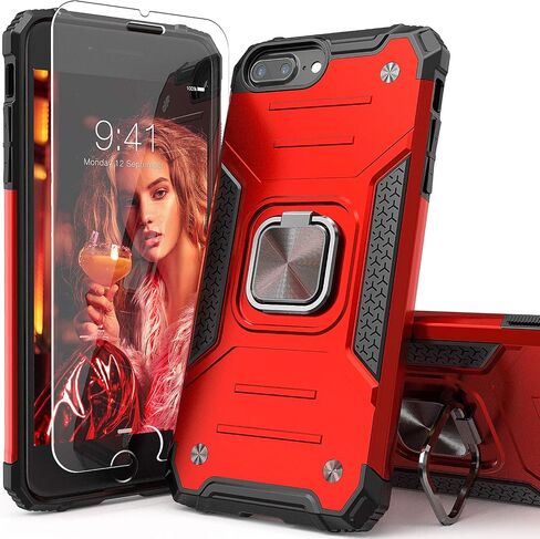 for iPhone 8 Plus Case with Screen Protector,Shock Absorption Drop Test Cover with Car Mount Kickstand Lightweight Protective Phone Case for iPhone 8 Plus/7 Plus/6S Plus,Red in Saudi Arabia