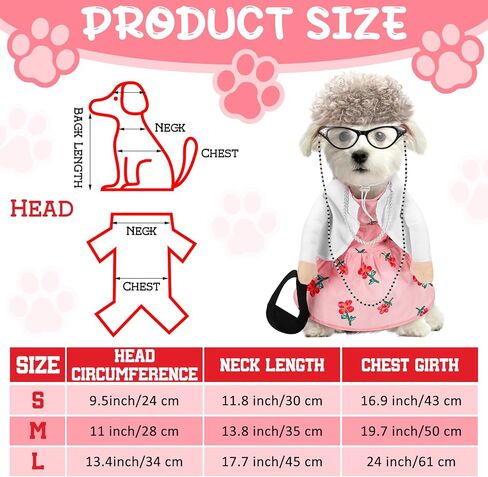 Talltalk 4 Pcs Old Lady Dogs Costume Set Grandma Dogs Costume Set Dog Halloween Costume with Pink Floral Dog Dress Wig Glasses Necklace for Dog Dress up(S Size) in Kuwait