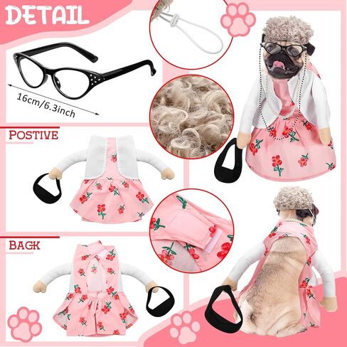 Talltalk 4 Pcs Old Lady Dogs Costume Set Grandma Dogs Costume Set Dog Halloween Costume with Pink Floral Dog Dress Wig Glasses Necklace for Dog Dress up(S Size) in Kuwait